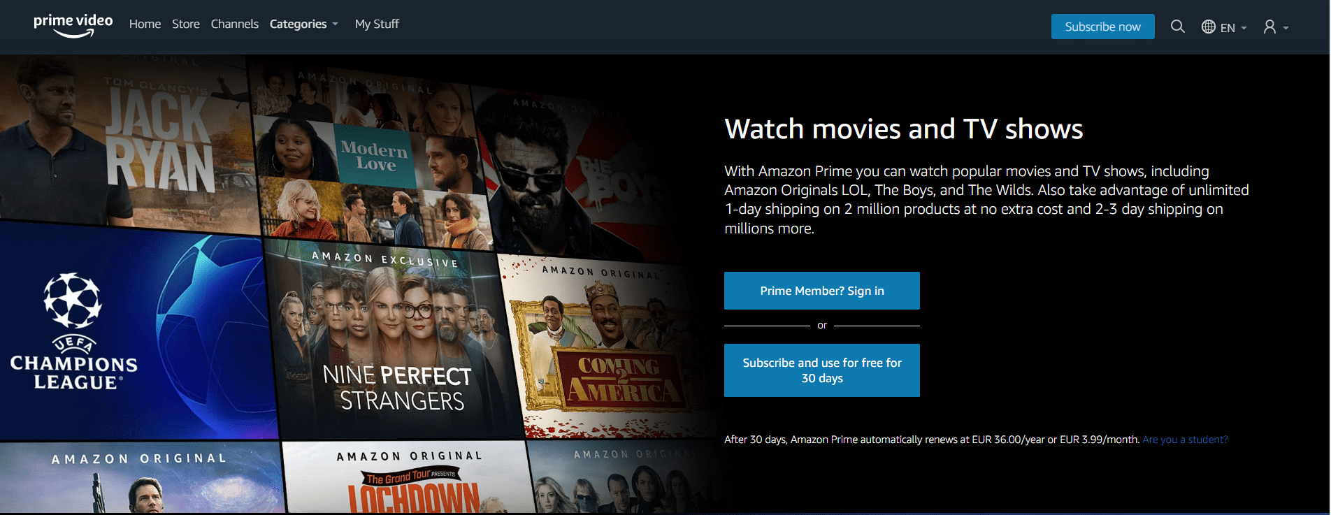 Esempio landing page Amazon prime video